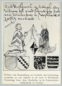 107639 Afbeelding van een gedeelte van een glasraam in de kerk van Westbroek, met Willem van Rennenberg en Cornelia van ...